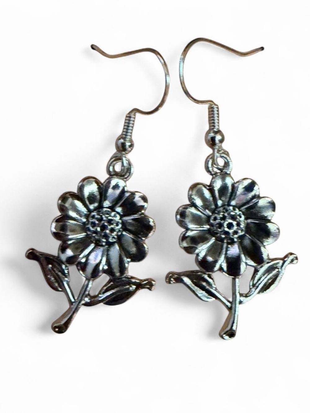 Handmade Silver Sunflower Dangle Earrings Boho Botanical Drops